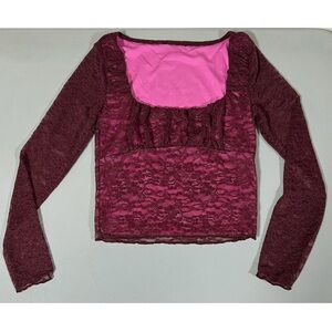 Red Burgundy Floral Lace Square-Neck Long Sleeve Shirt Top Blouse Tee Size M ♥️✨